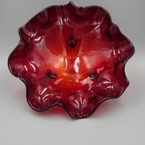 Ruby Red Glass 3 Foot Trinket Candy Dish 7"